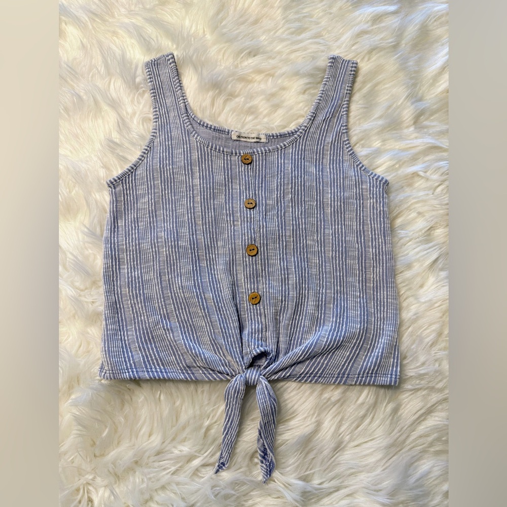 Caution to the Wind | Women’s Blue and White Striped Tank Top with Tie
